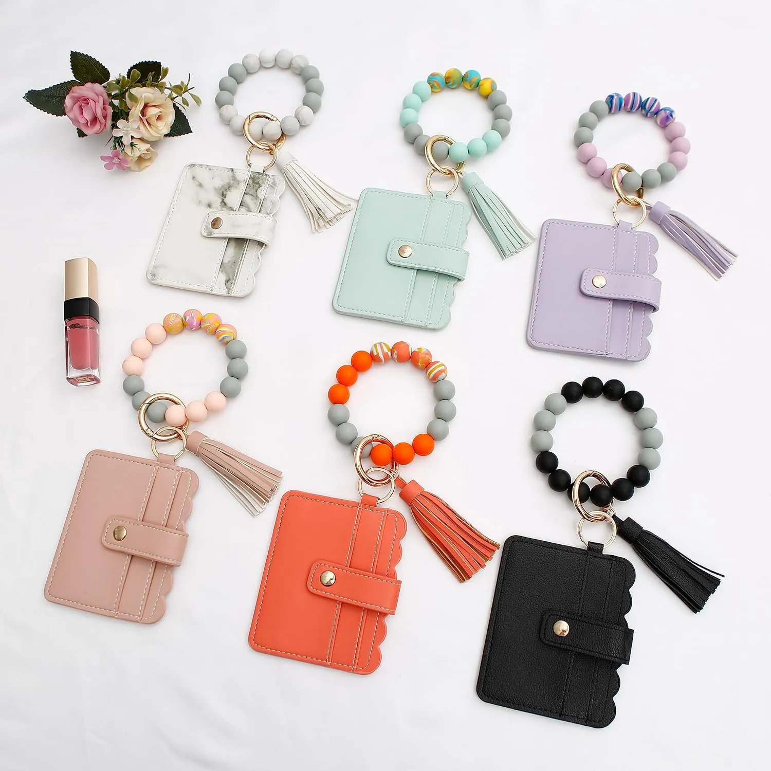Real Sic Wristlet Bracelet Keychain Wallet, Silicone Bead Credit Card Holder, Multifunctional Trendy Card Case and Keyring Accessory (Black)