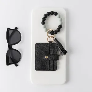 Real Sic Wristlet Bracelet Keychain Wallet, Silicone Bead Credit Card Holder, Multifunctional Trendy Card Case and Keyring Accessory (Black)