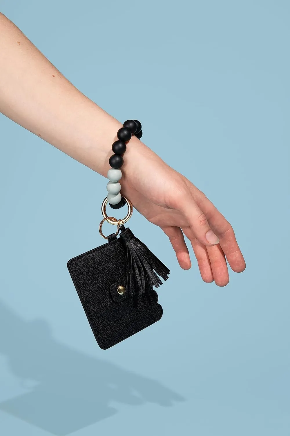 Real Sic Wristlet Bracelet Keychain Wallet, Silicone Bead Credit Card Holder, Multifunctional Trendy Card Case and Keyring Accessory (Black)
