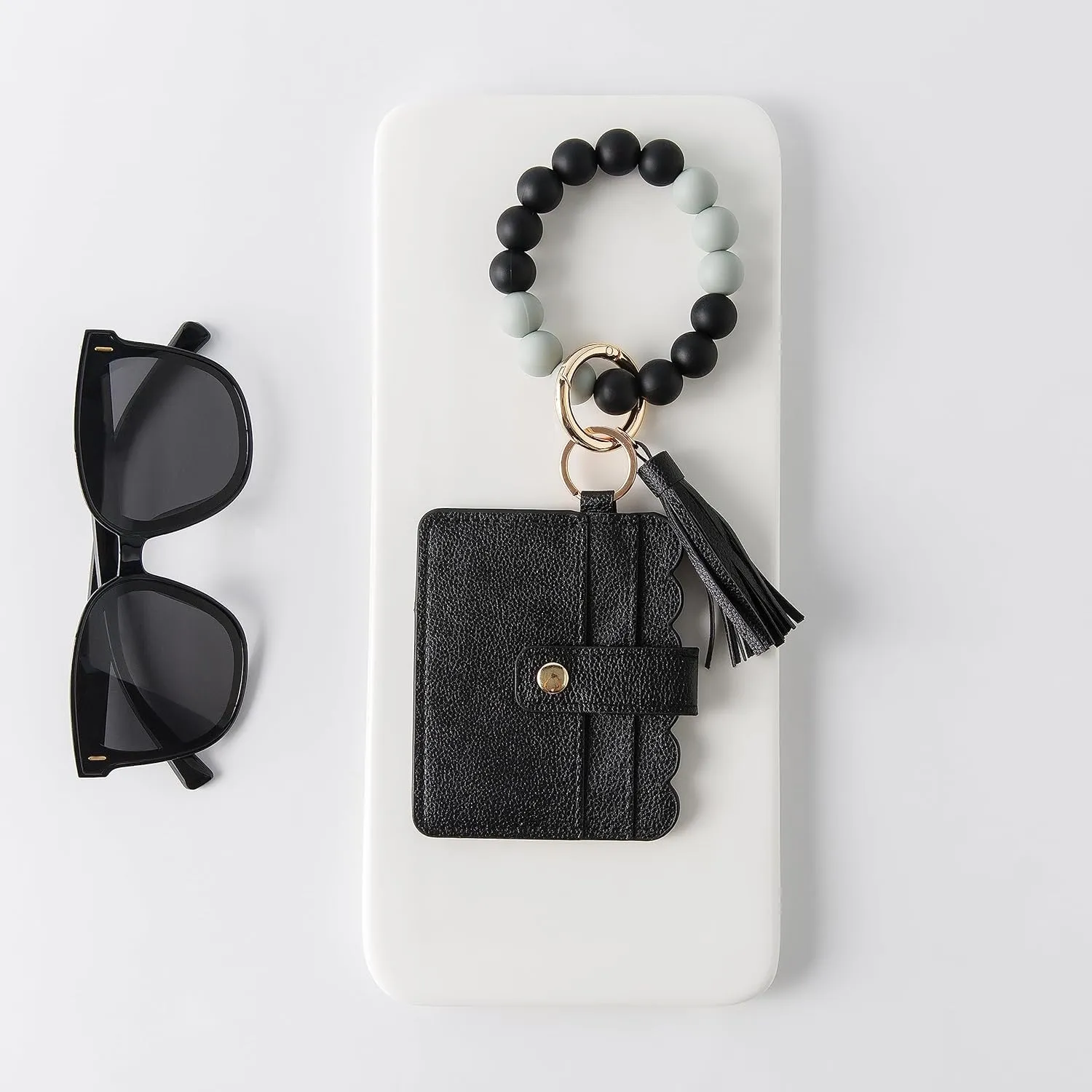 Real Sic Wristlet Bracelet Keychain Wallet, Silicone Bead Credit Card Holder, Multifunctional Trendy Card Case and Keyring Accessory (Black)