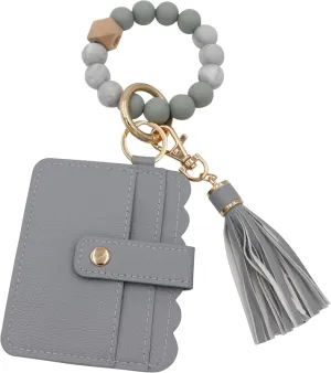 Real Sic Wristlet Bracelet Keychain Wallet, Silicone Bead Credit Card Holder, Multifunctional Trendy Card Case and Keyring Accessory (Gray)