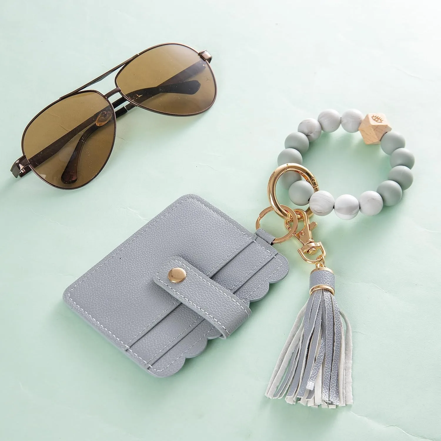 Real Sic Wristlet Bracelet Keychain Wallet, Silicone Bead Credit Card Holder, Multifunctional Trendy Card Case and Keyring Accessory (Gray)