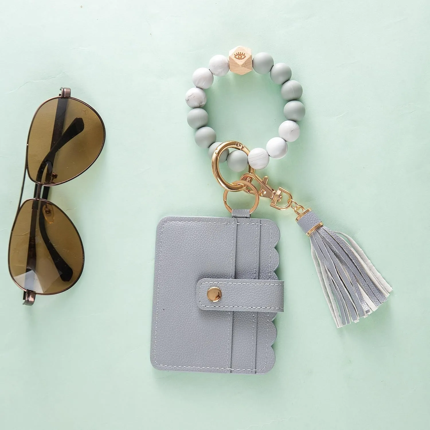 Real Sic Wristlet Bracelet Keychain Wallet, Silicone Bead Credit Card Holder, Multifunctional Trendy Card Case and Keyring Accessory (Gray)