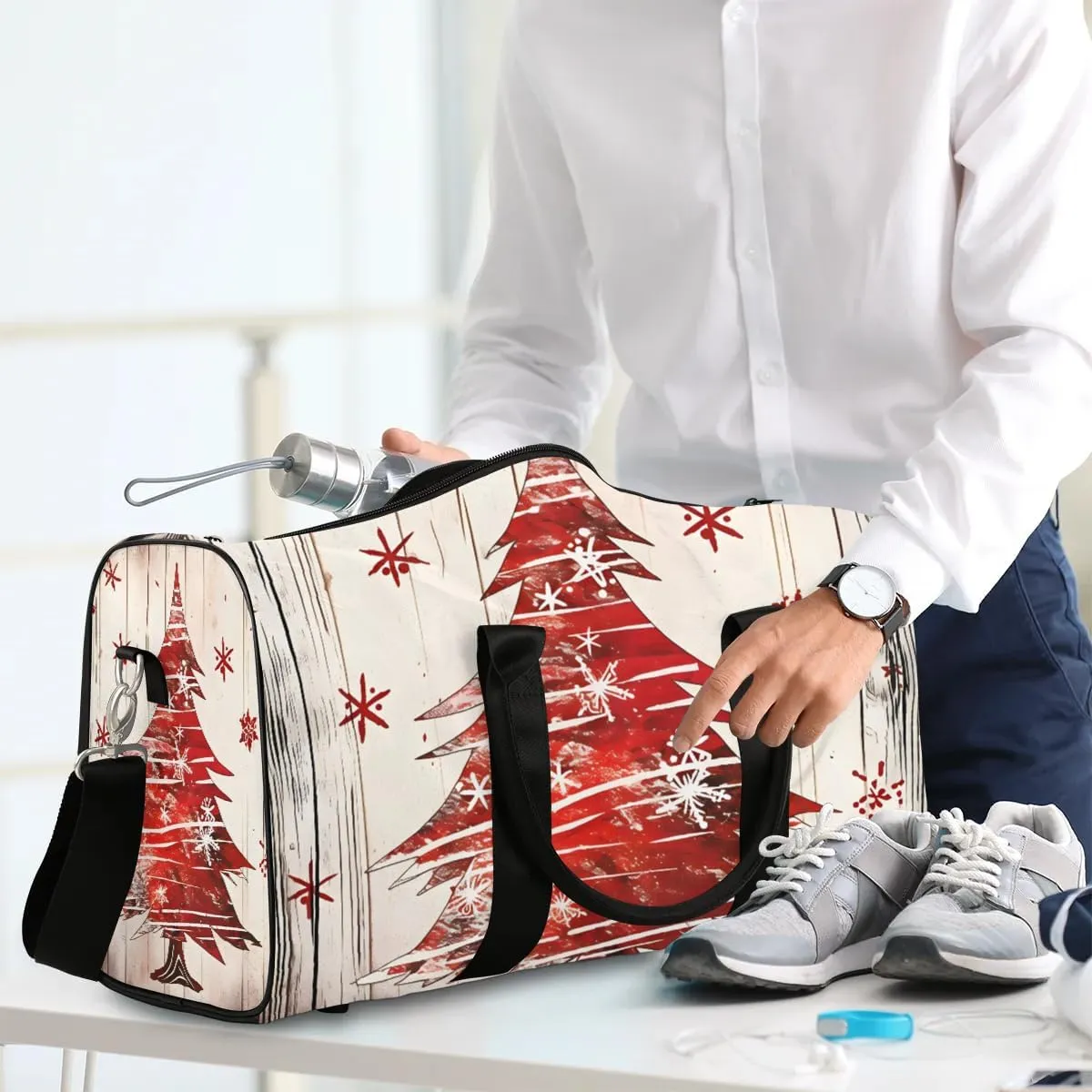 Red Christmas Trees Travel Duffel Bag for Women Men Waterproof Foldable Overnight Weekender Bag Large Capacity Sports Gym Bag
