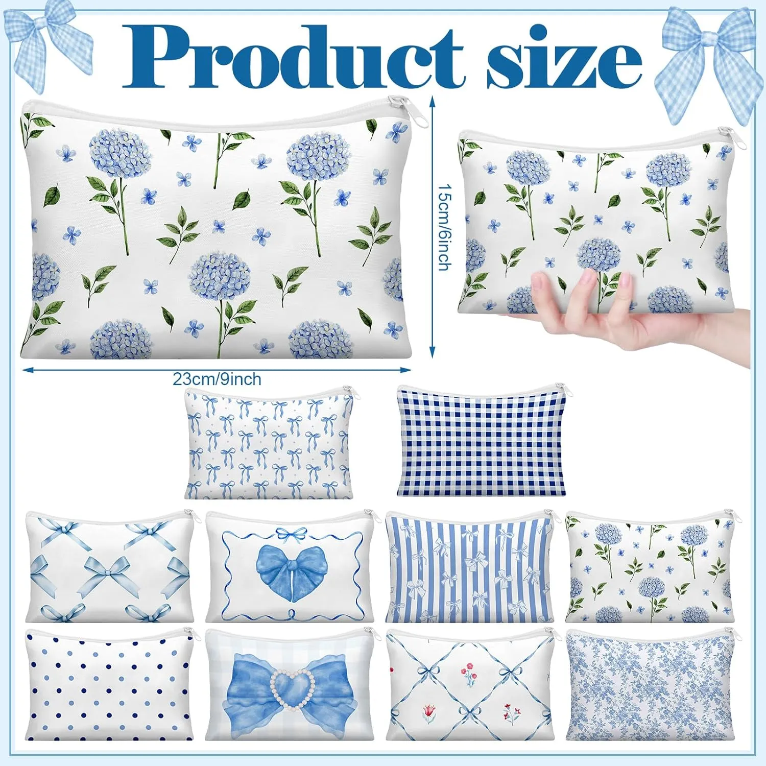 Reginary 10 Pack Coquette Blue Bow Cosmetic Bag for Woman Wedding Christmas Blue Aesthetic Makeup Bag Lovely Heart Preppy Pouch Zipper Coquette Birthday Party Favor Supplies for Team Bestie Family