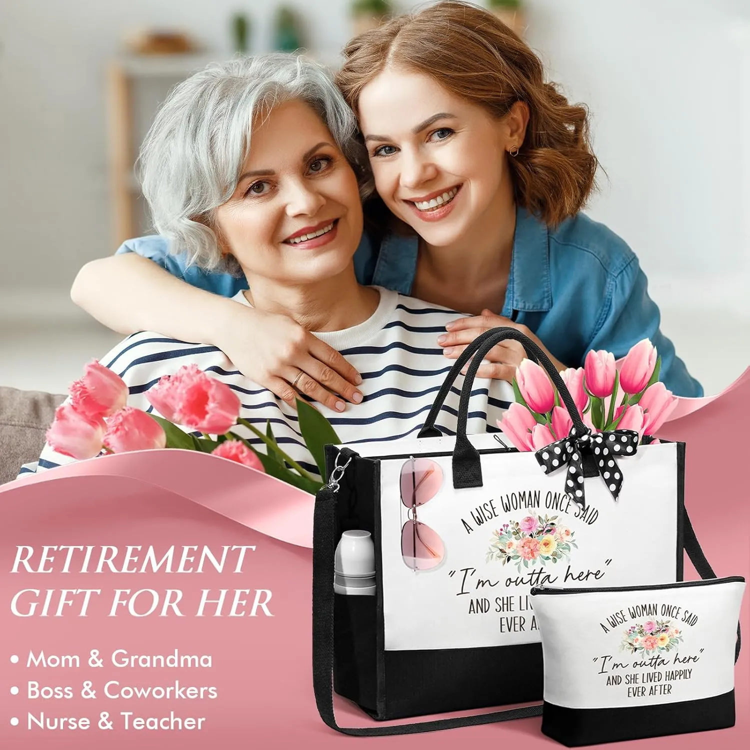 Retirement Gifts for Women 2025, Best Cool Retirement Gifts for Coworker Teacher Nurses Boss Friends Mom Grandma Retirees, Funny Retired Gifts Happy Retirement Gifts - Canvas Tote Bag & Makeup Bag Set