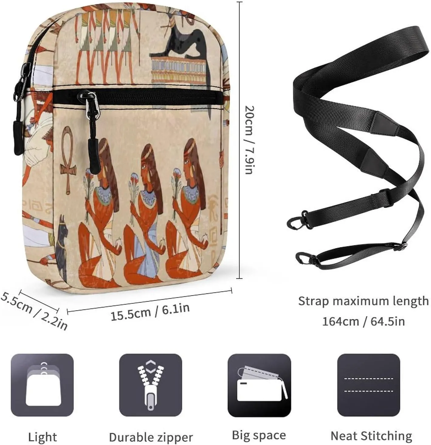 Retro Ancient Egypt Egyptian Temples Gods and Pharaohs Murals Adjustable Fanny Waist Pack Pouch, Waterproof Crossbody Runners Bag Wallet for Gym Hiking Fitness Women Men 6.1 x 2.2 x 7.9 inch