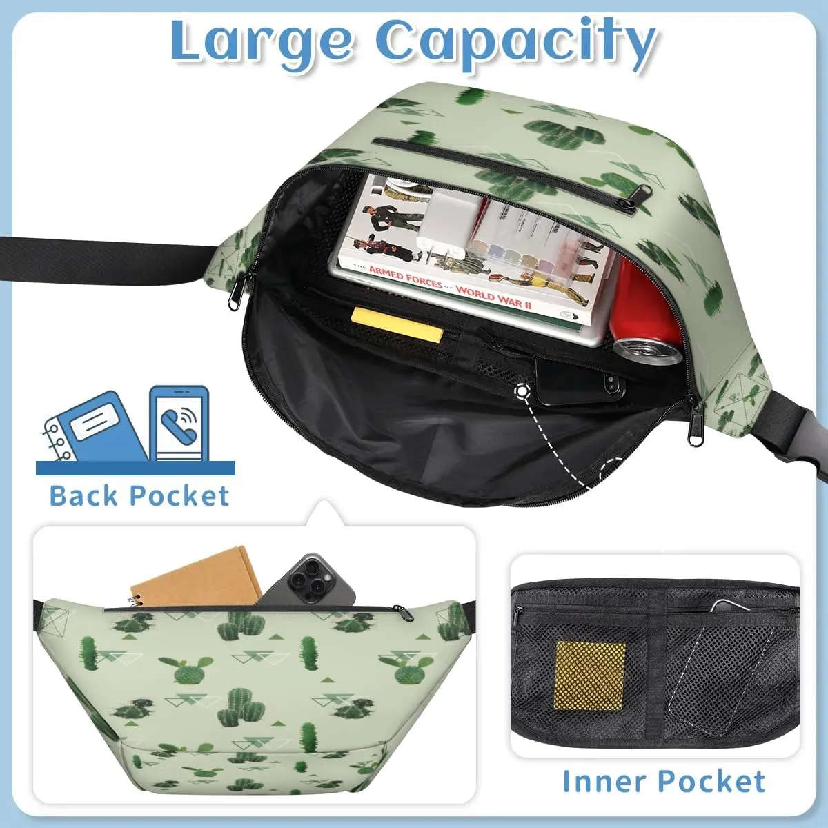 Retro Cactus Crossbody Sling Bag for Women Men Crossbody Backpack with 4 Zipper Pockets Fanny Pack Shoulder Casual Daypack for Travel Running Hiking Cycling