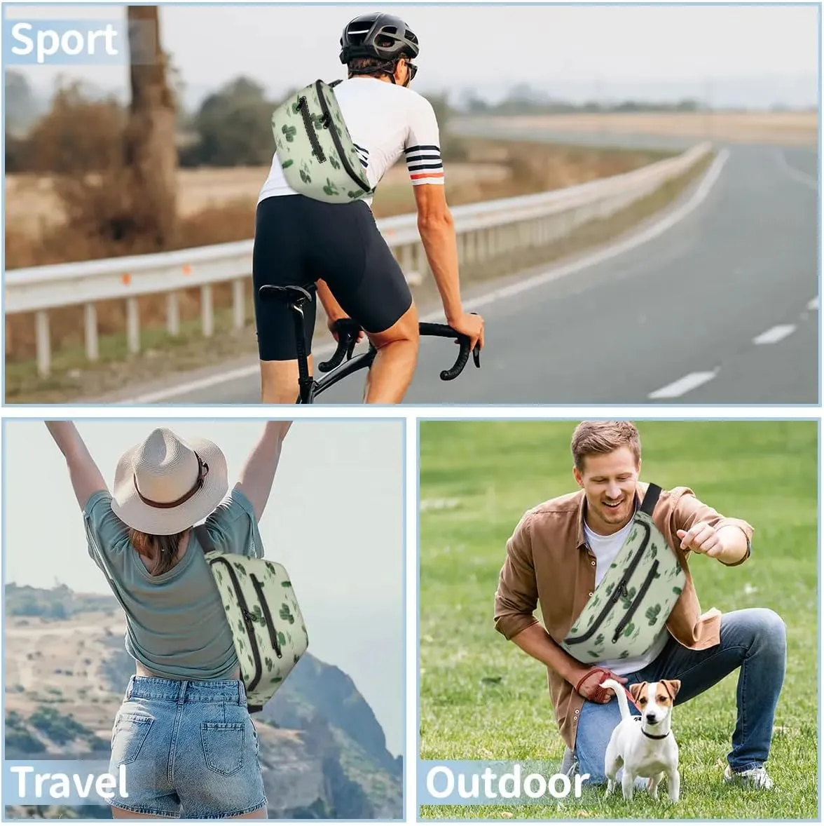 Retro Cactus Crossbody Sling Bag for Women Men Crossbody Backpack with 4 Zipper Pockets Fanny Pack Shoulder Casual Daypack for Travel Running Hiking Cycling