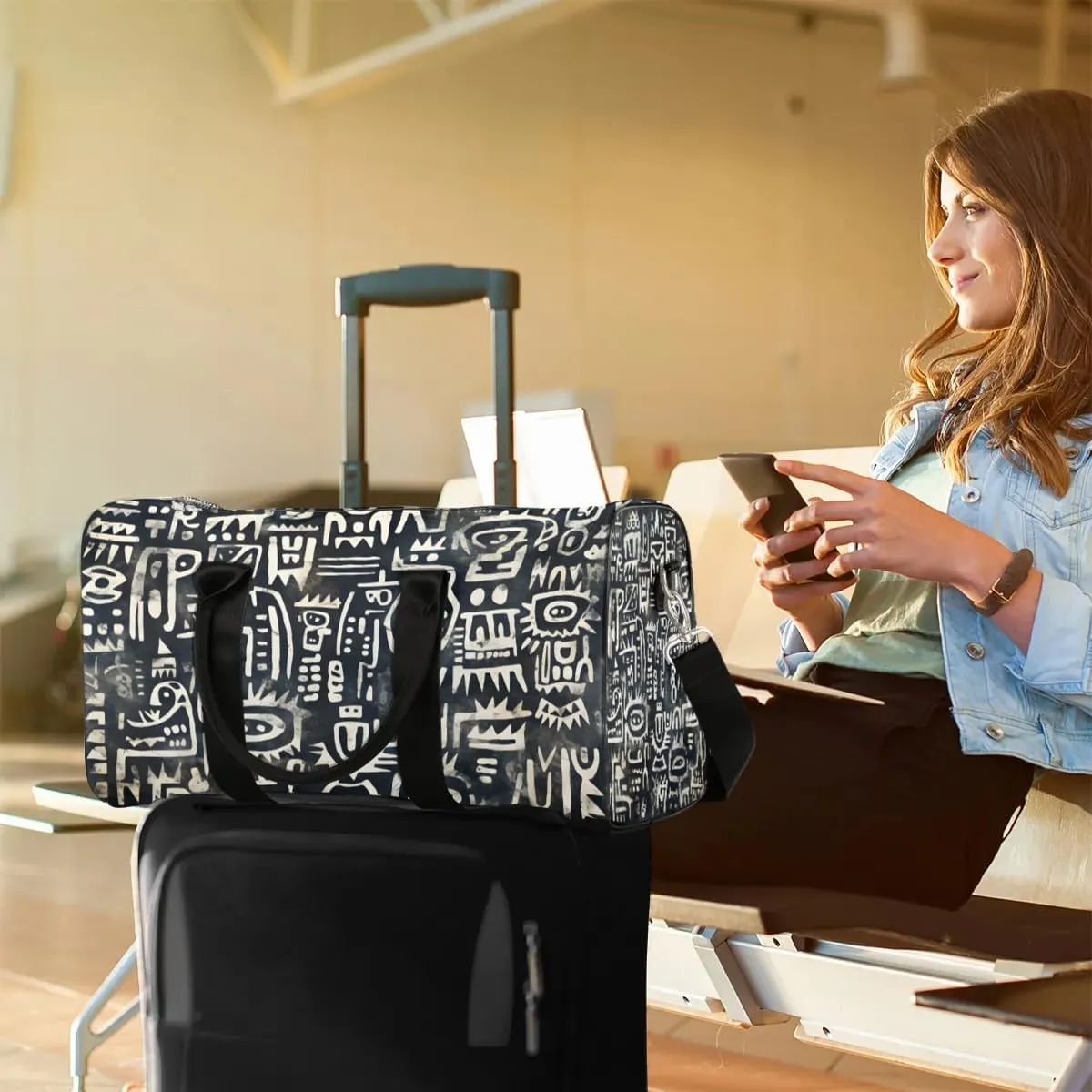 Retro Ethnic Print Travel Duffel Bag for Women Men Waterproof Foldable Overnight Weekender Bag Large Capacity Sports Gym Bag