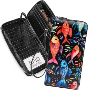 RFID Blocking Wristlet Large Wallet for Women Credit Card Holder Bifold Designer Zipper Phone Long Wallet Purse Aquarium