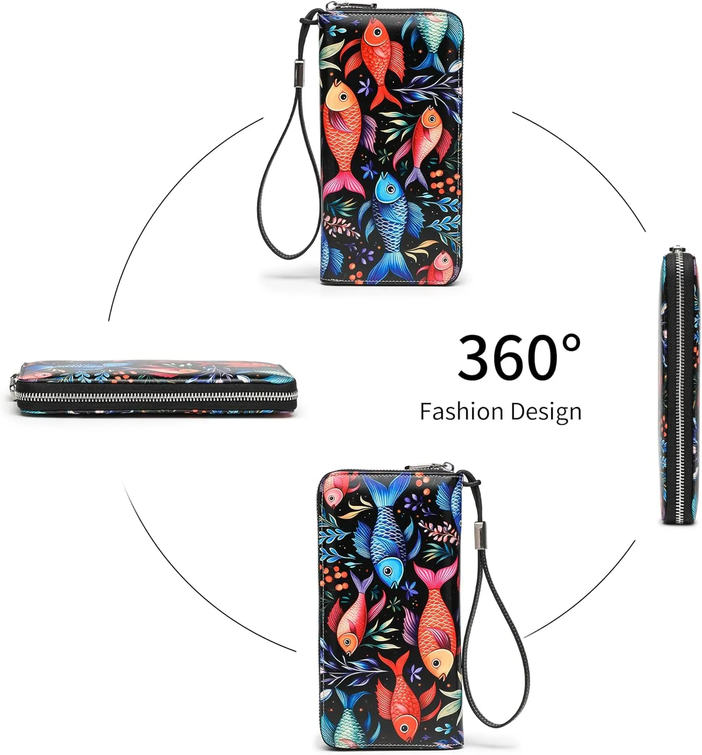 RFID Blocking Wristlet Large Wallet for Women Credit Card Holder Bifold Designer Zipper Phone Long Wallet Purse Aquarium