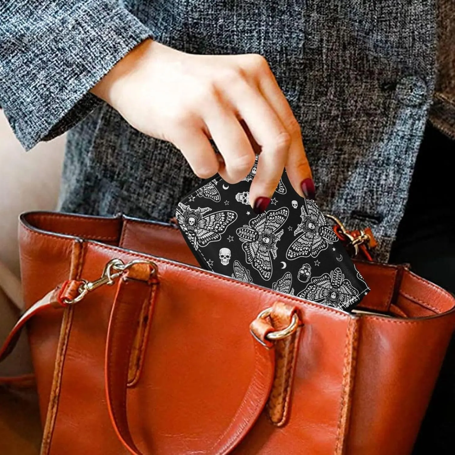 RFID Credit Card Holder Skull Moth Leather With Zipper Card Case Wallet for Women Girls