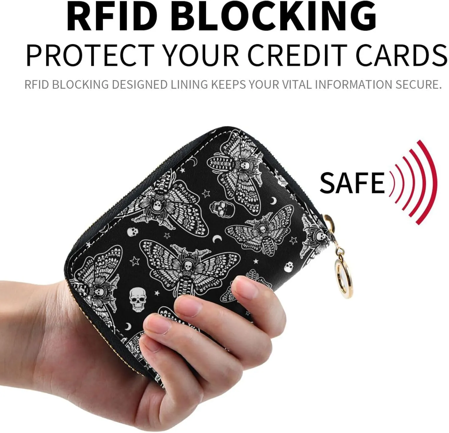 RFID Credit Card Holder Skull Moth Leather With Zipper Card Case Wallet for Women Girls