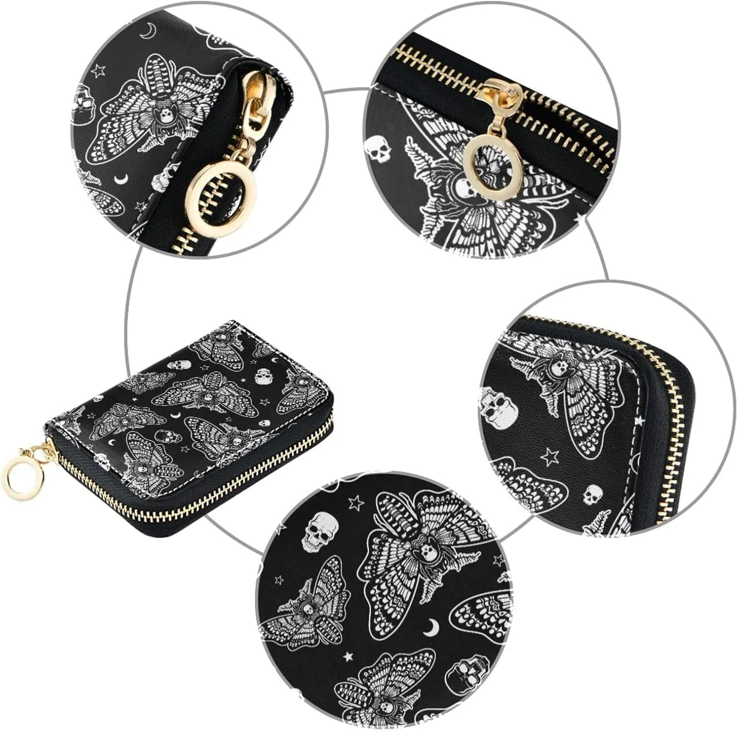 RFID Credit Card Holder Skull Moth Leather With Zipper Card Case Wallet for Women Girls