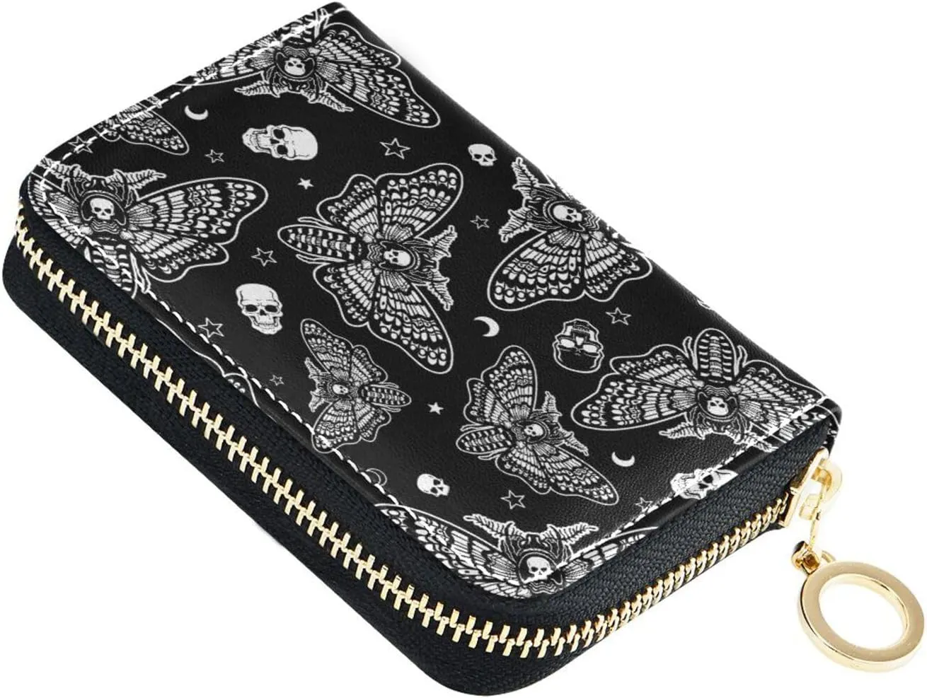 RFID Credit Card Holder Skull Moth Leather With Zipper Card Case Wallet for Women Girls