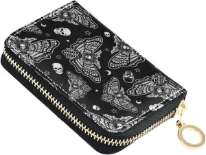 RFID Credit Card Holder Skull Moth Leather With Zipper Card Case Wallet for Women Girls
