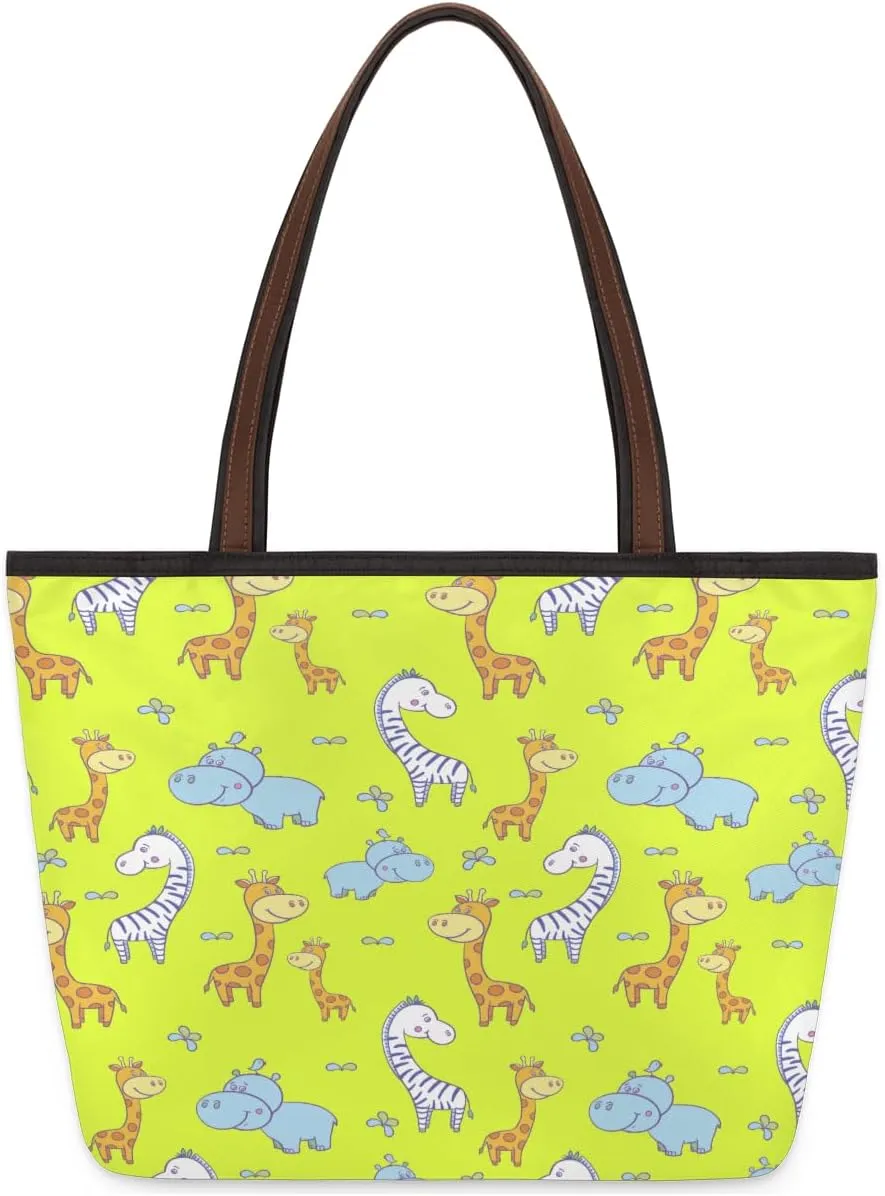 Rhinoceros Giraffe Zebra Tote Bag for Women with Zipper Large Capacity Top Handle Casual Shoulder Bag Handbag Reusable Shopping Grocery Bag for Work Beach Travel