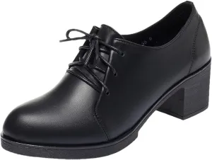 rismart Women's Leather Oxfords Lace up Round Toe Chunky Heels Dress Pumps Shoes
