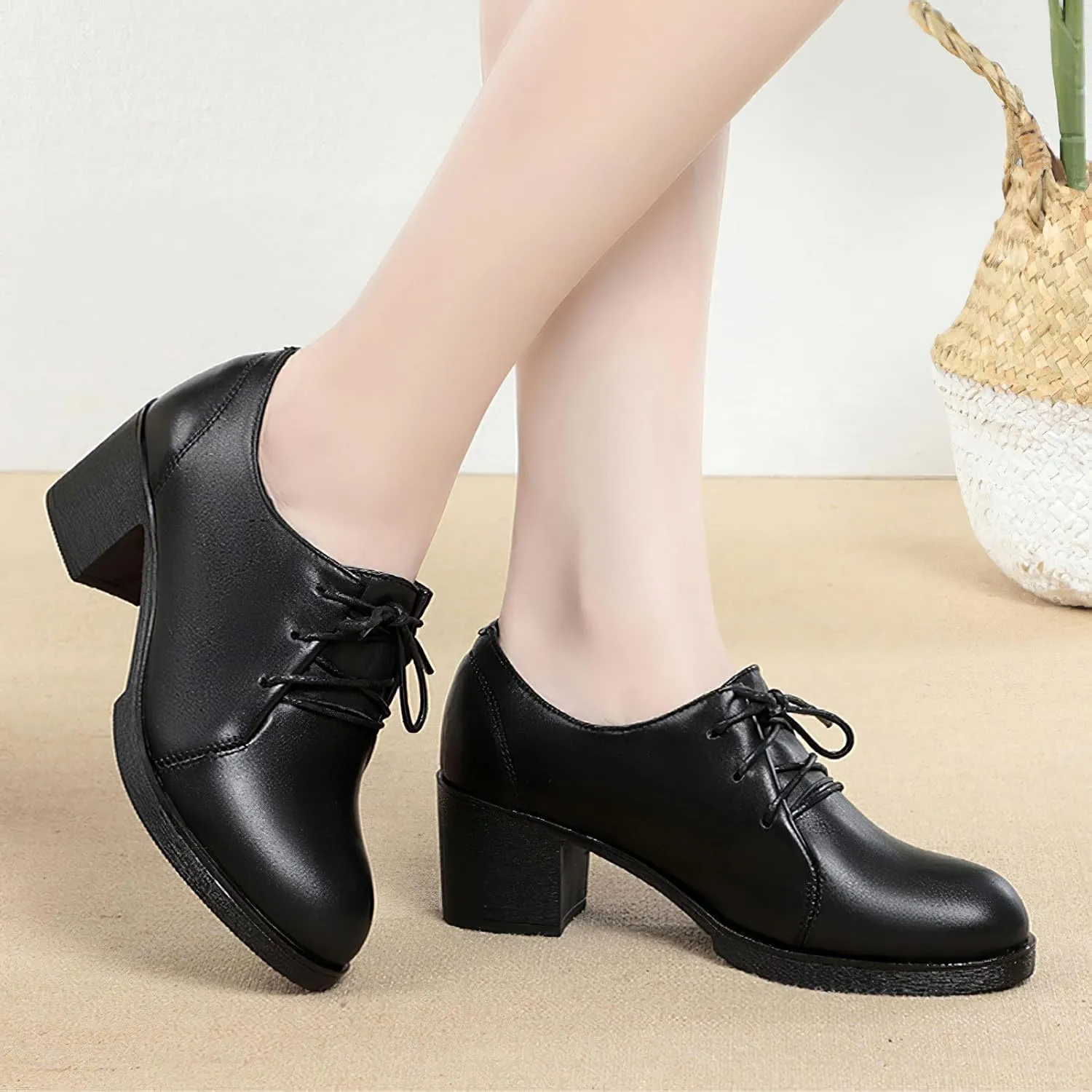 rismart Women's Leather Oxfords Lace up Round Toe Chunky Heels Dress Pumps Shoes