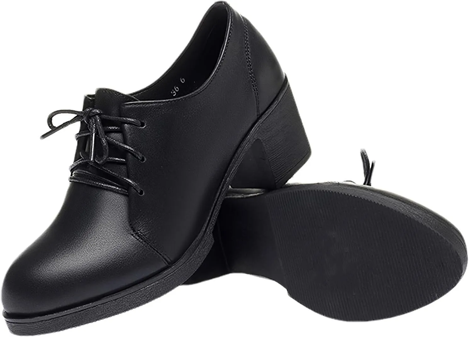 rismart Women's Leather Oxfords Lace up Round Toe Chunky Heels Dress Pumps Shoes