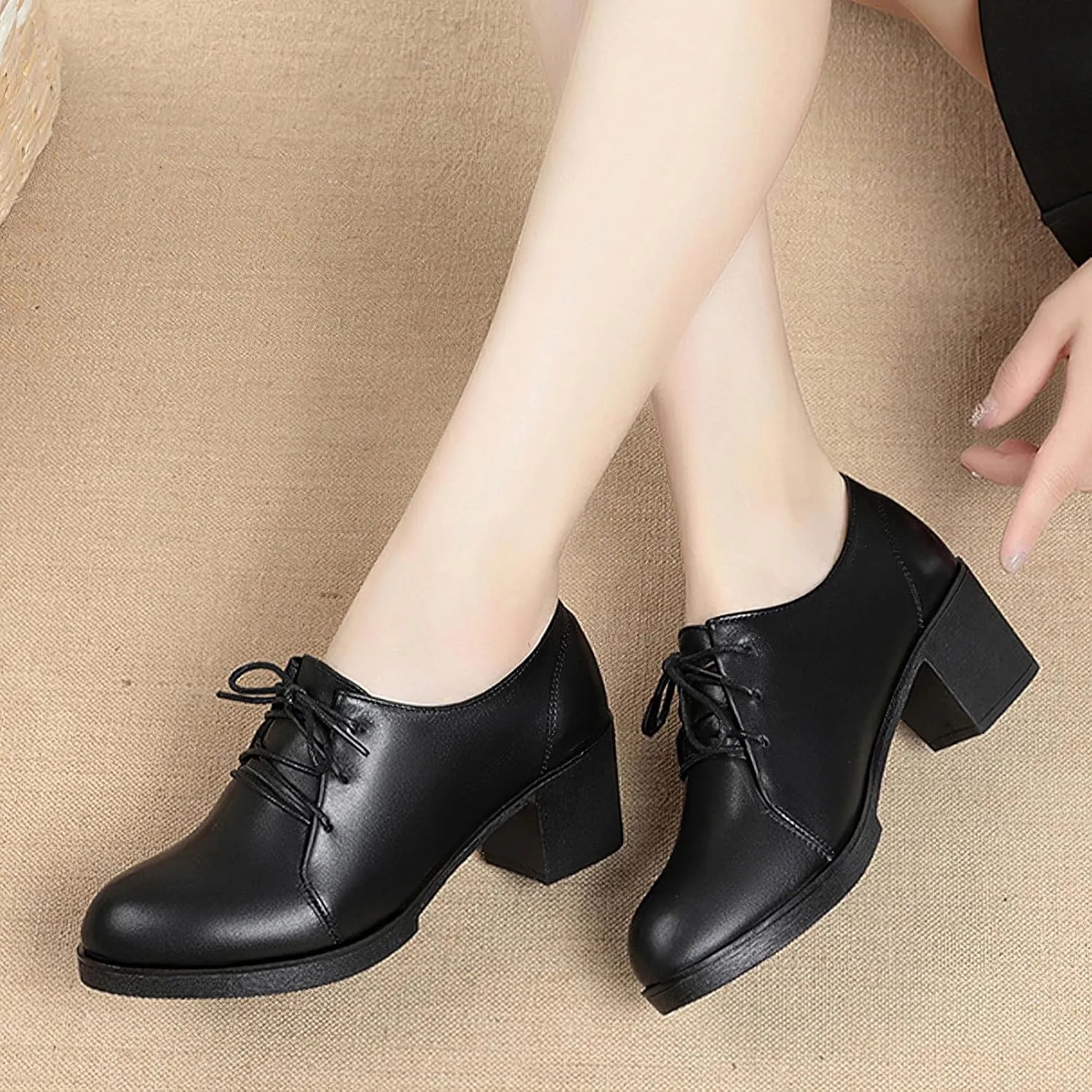 rismart Women's Leather Oxfords Lace up Round Toe Chunky Heels Dress Pumps Shoes