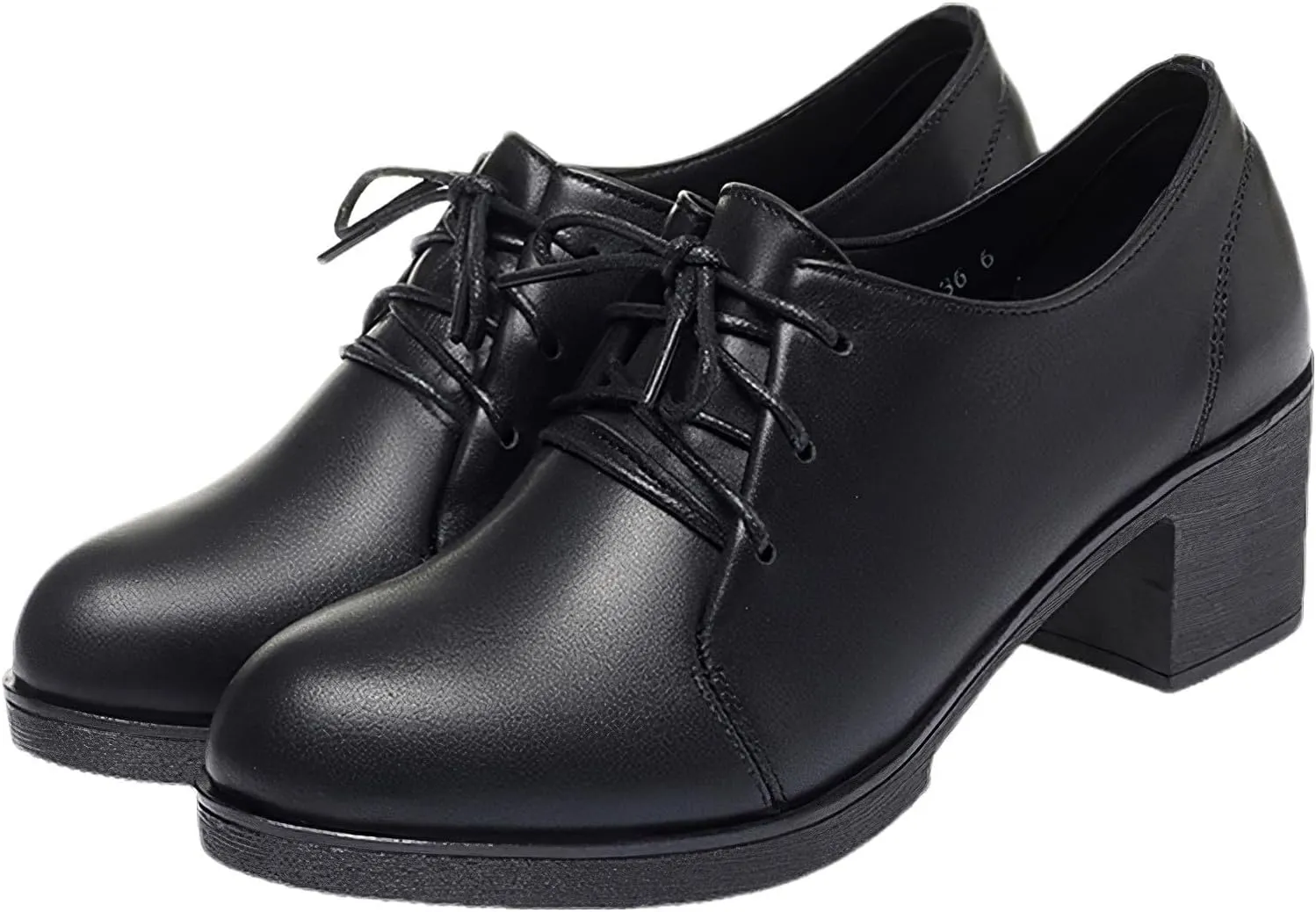 rismart Women's Leather Oxfords Lace up Round Toe Chunky Heels Dress Pumps Shoes