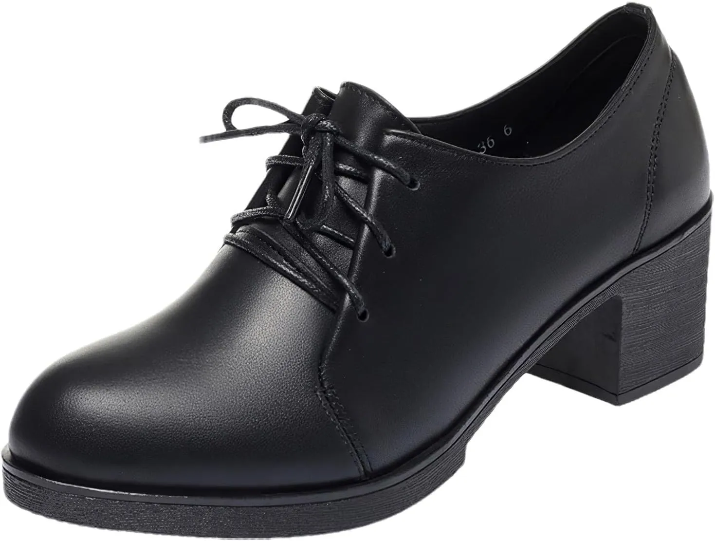 rismart Women's Leather Oxfords Lace up Round Toe Chunky Heels Dress Pumps Shoes
