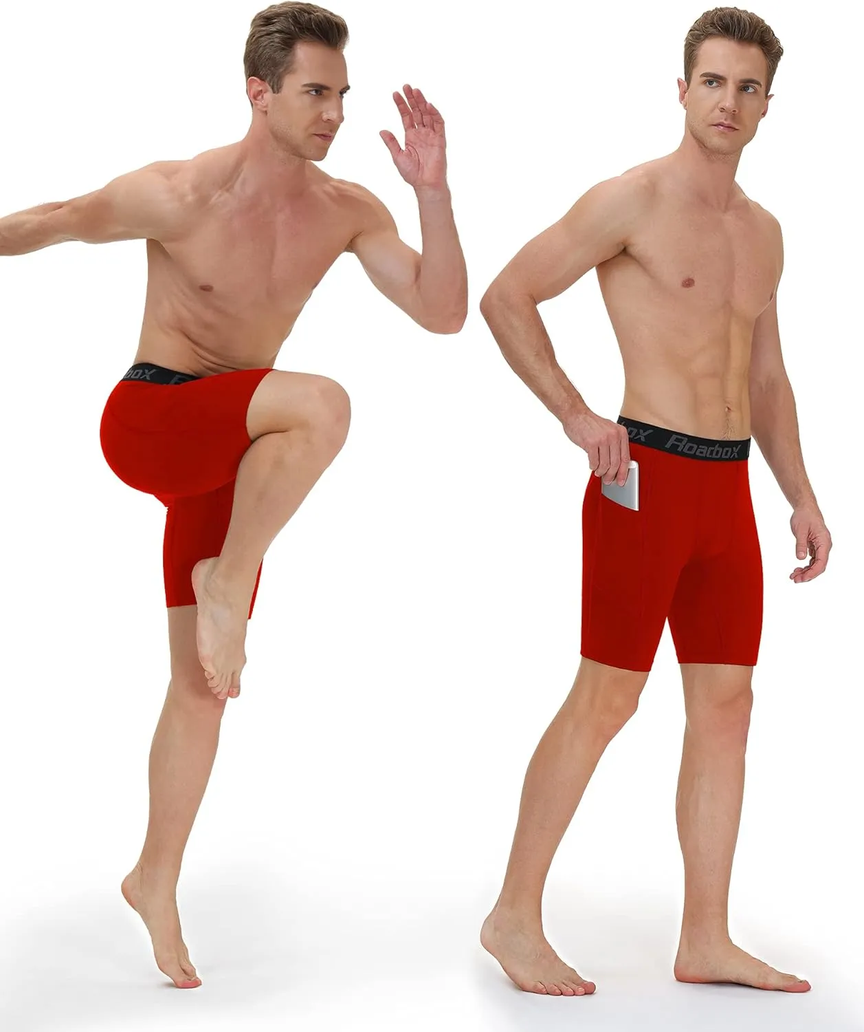 Roadbox Men's Compression Shorts with Pockets, 3 Pack 9'' Performance Running Base Layer for Workout Sports Underwear