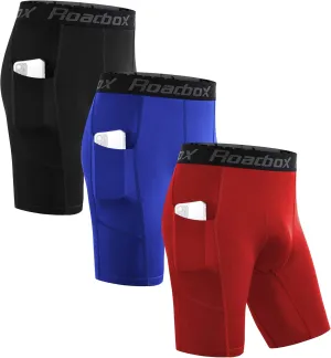 Roadbox Men's Compression Shorts with Pockets, 3 Pack 9'' Performance Running Base Layer for Workout Sports Underwear