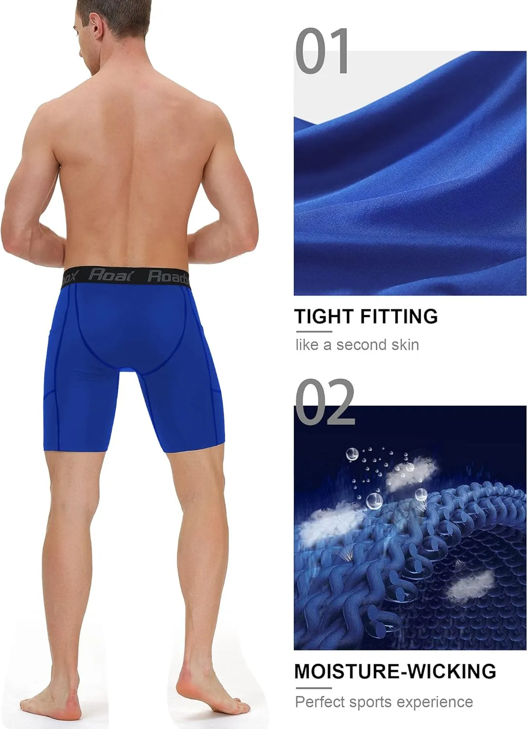Roadbox Men's Compression Shorts with Pockets, 3 Pack 9'' Performance Running Base Layer for Workout Sports Underwear