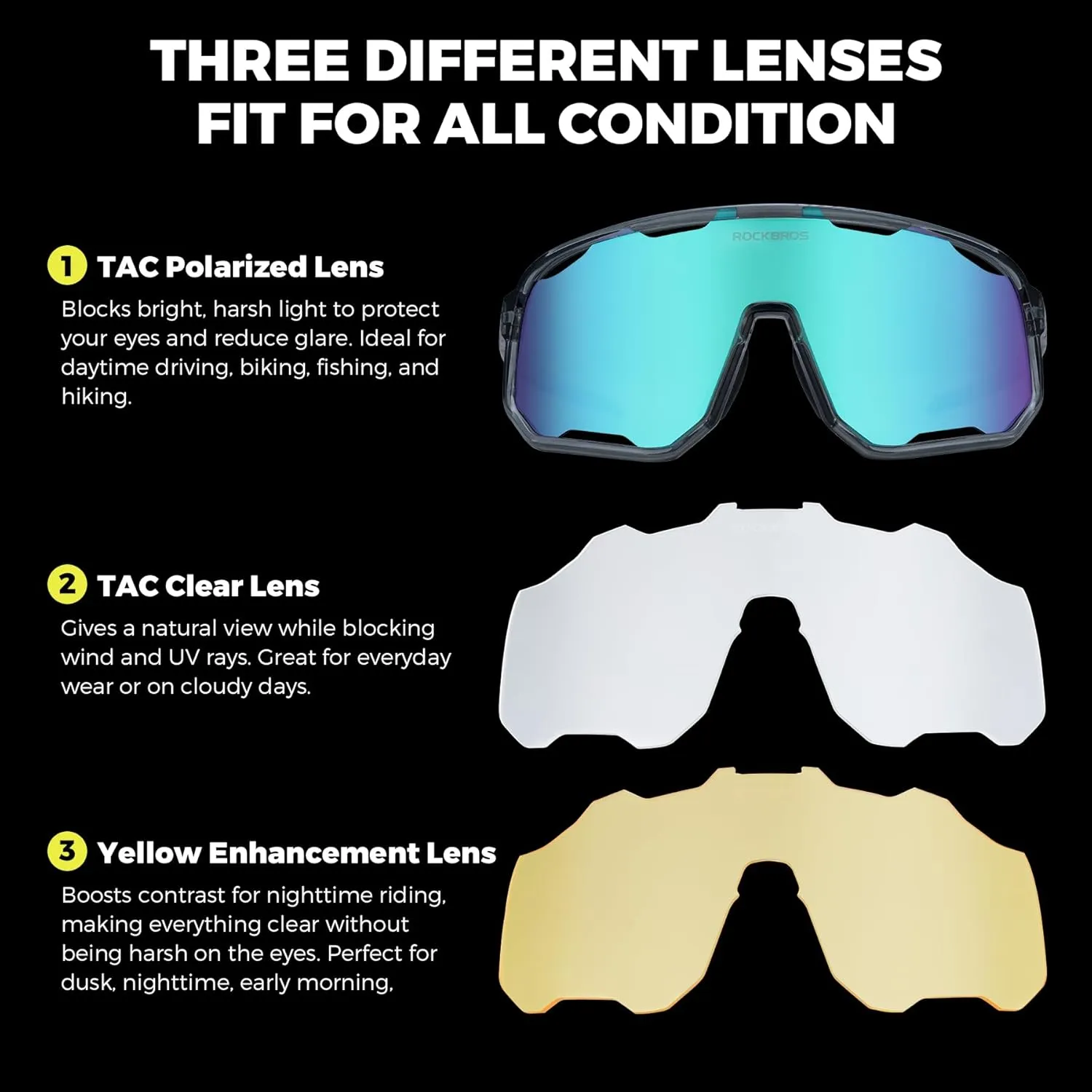 ROCKBROS Photochromic Sunglasses for Men Women,UV400 Protection Cycling Glasses,MTB Cycling Sports Sunglasses,3 Lenses