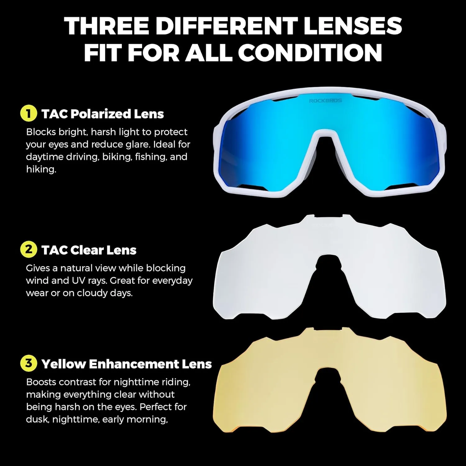 ROCKBROS Photochromic Sunglasses for Men Women,UV400 Protection Cycling Glasses,MTB Cycling Sports Sunglasses,3 Lenses