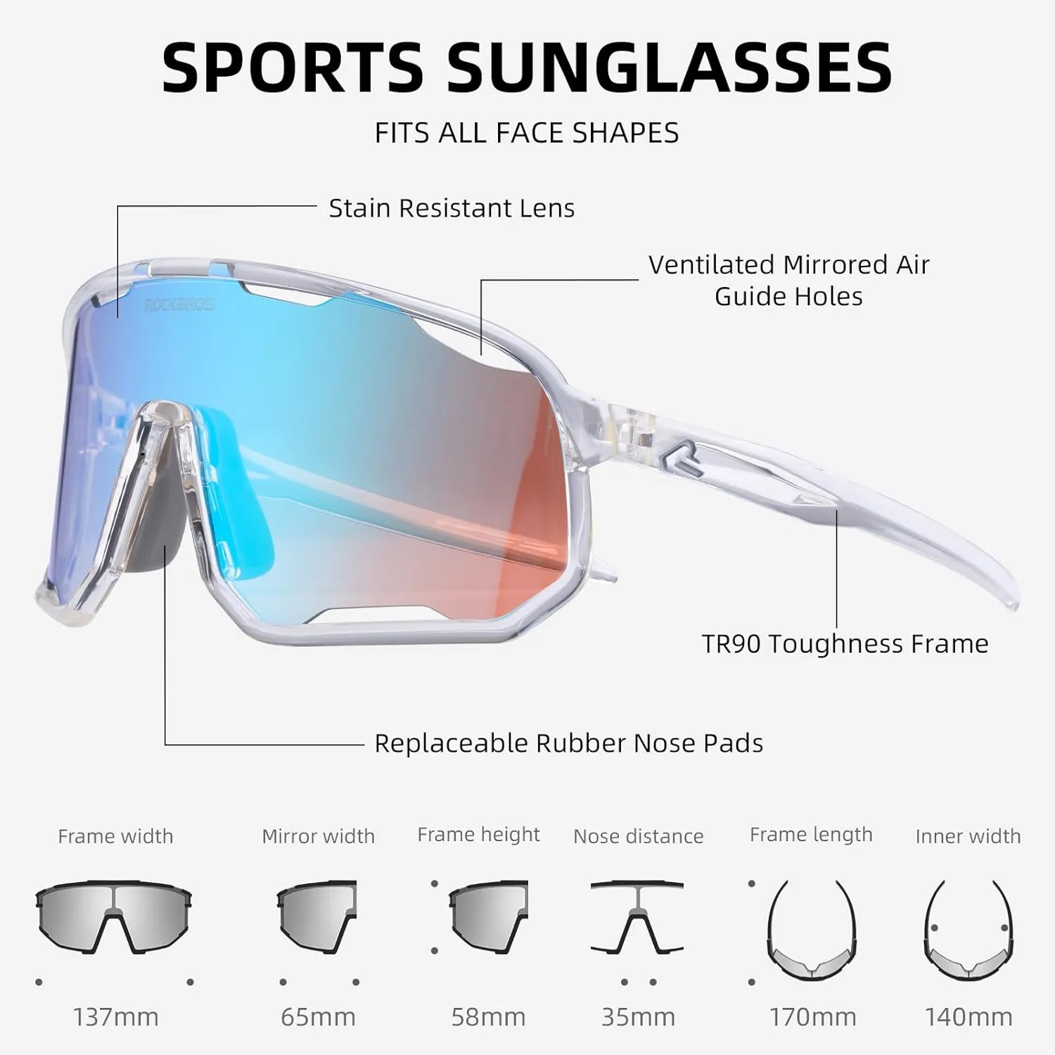 ROCKBROS Photochromic Sunglasses for Men Women,UV400 Protection Cycling Glasses,MTB Cycling Sports Sunglasses,3 Lenses