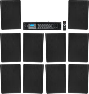 Rockville 6-Zone 70v Amplifier (10) Slim Black Restaurant/Bar/Cafe Wall Speakers