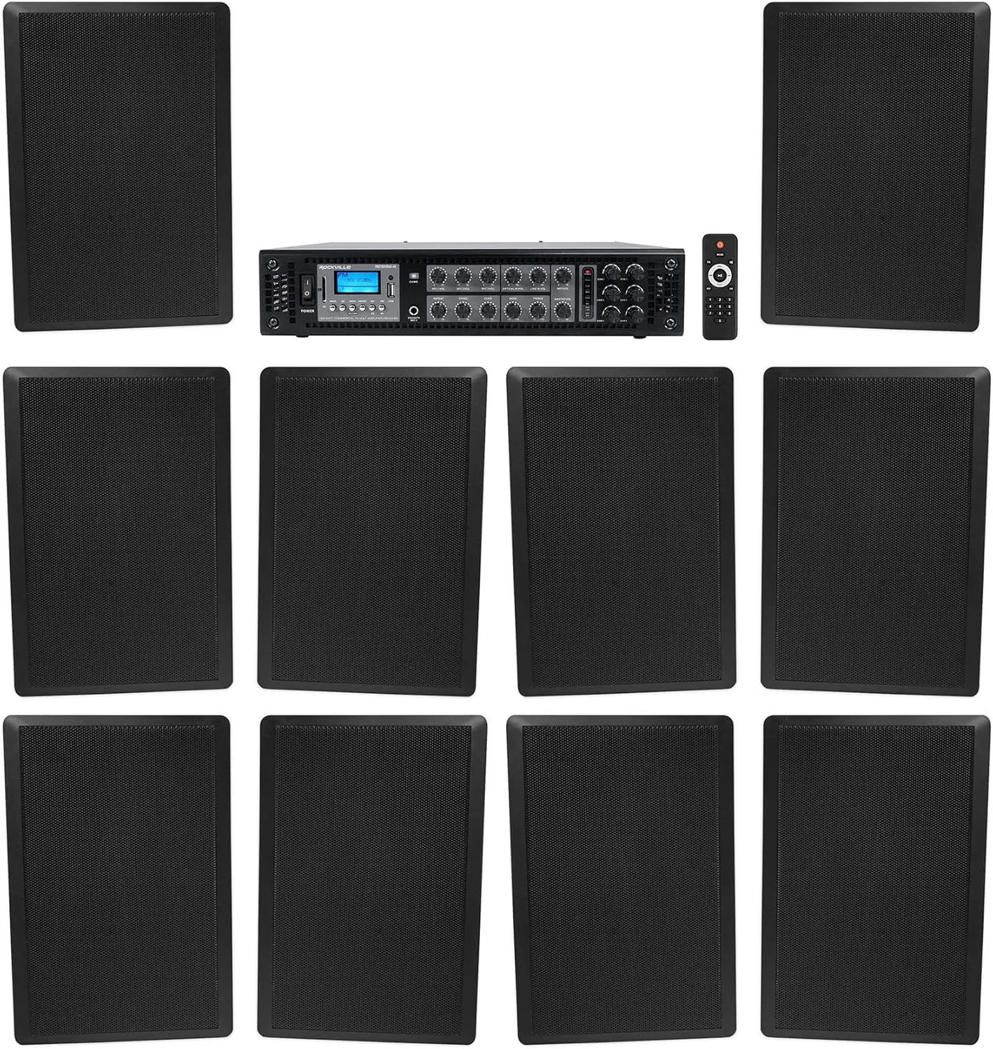 Rockville 6-Zone 70v Amplifier (10) Slim Black Restaurant/Bar/Cafe Wall Speakers