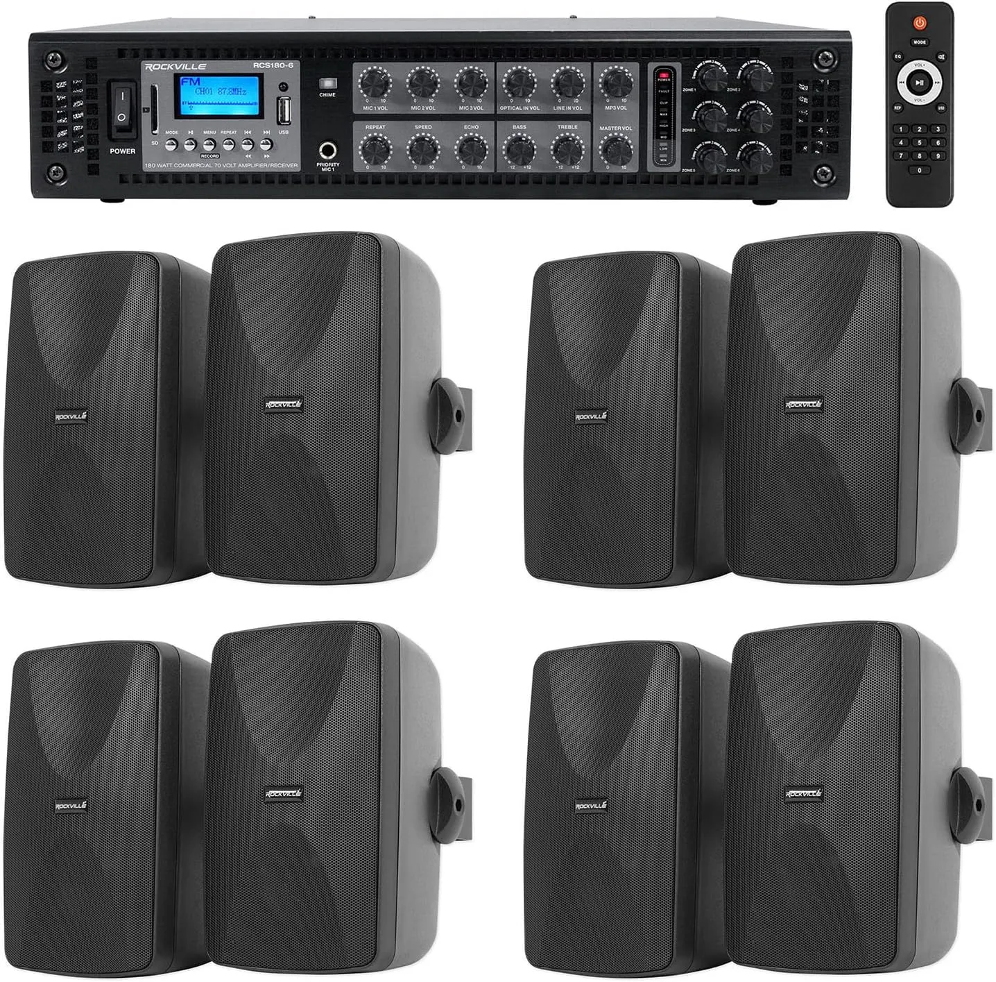 Rockville (8) 5.25" Black Commercial 70v Wall Speakers Amp for Restaurant/Office/Cafe/Bar