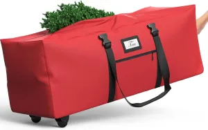 Rolling Christmas Tree Storage Bag with 3 Wheels - Fits Up to 9 Ft. Disassembled Tree, Durable 600D Waterproof Oxford Fabric with Dual Zippers & Card Slot & 3 Reinfored Handles(red)
