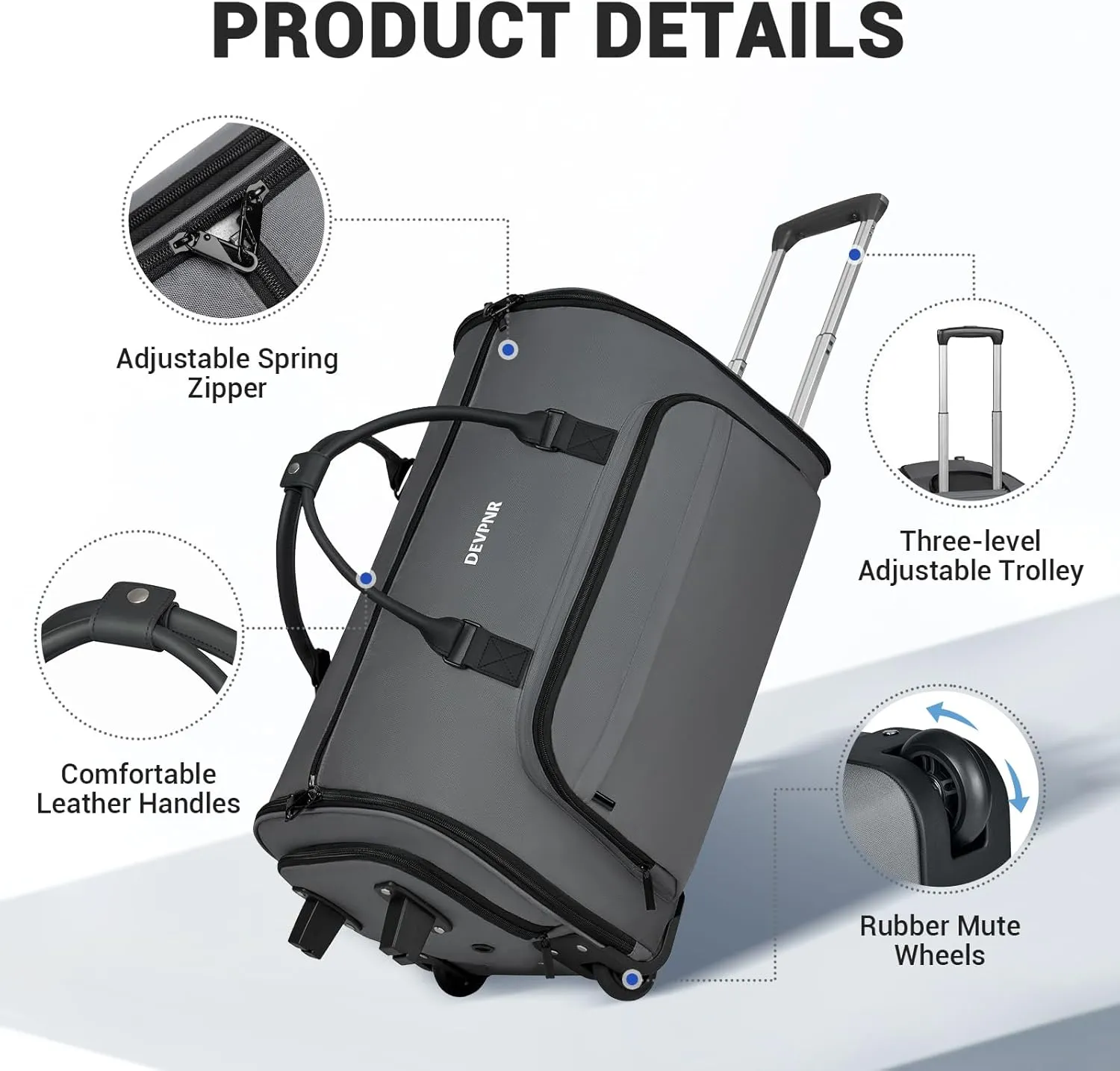 Rolling Garment Bags for Travel, 59L Rolling Duffle Bag with Wheels and Shoe Compartment for Men and Women, 3 in 1 Carry on Convertible Travel Garment Bag with Wheels, Gray