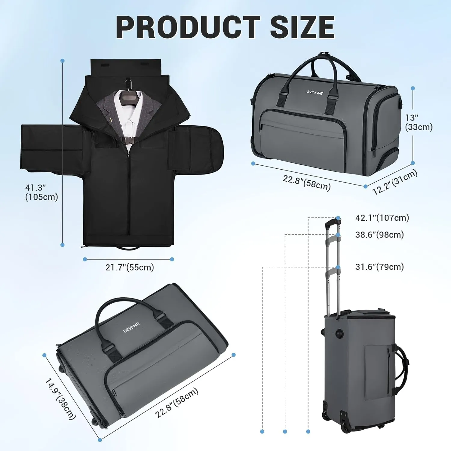 Rolling Garment Bags for Travel, 59L Rolling Duffle Bag with Wheels and Shoe Compartment for Men and Women, 3 in 1 Carry on Convertible Travel Garment Bag with Wheels, Gray