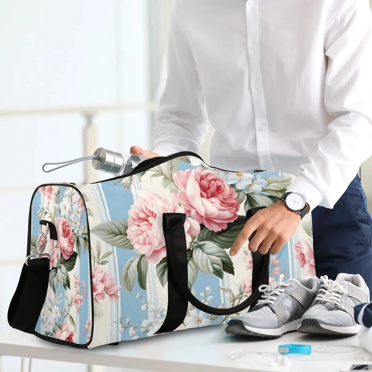 Rose Peony Floral Travel Duffel Bag for Women Men Waterproof Foldable Overnight Weekender Bag Large Capacity Sports Gym Bag