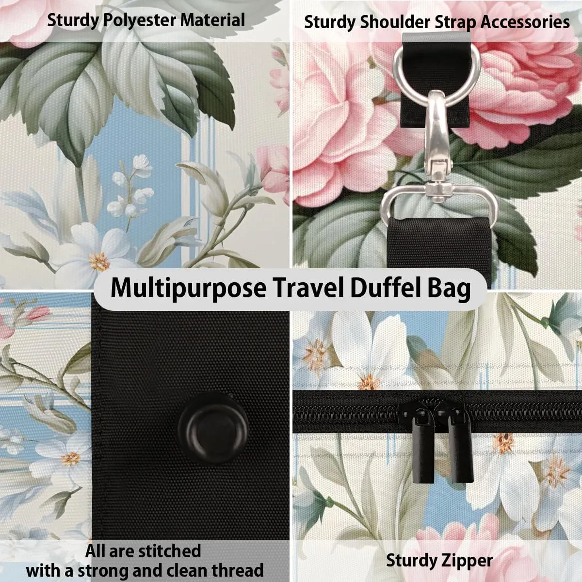 Rose Peony Floral Travel Duffel Bag for Women Men Waterproof Foldable Overnight Weekender Bag Large Capacity Sports Gym Bag