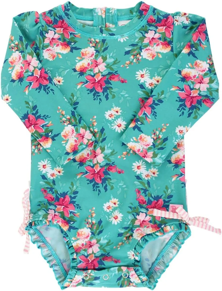 RuffleButts Baby Girls UPF 50  Sun Protection Floral Printed Long Sleeve One Piece Rash Guard Swimsuit with Zipper