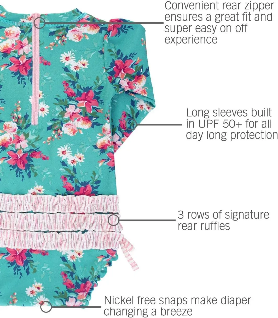 RuffleButts Baby Girls UPF 50  Sun Protection Floral Printed Long Sleeve One Piece Rash Guard Swimsuit with Zipper