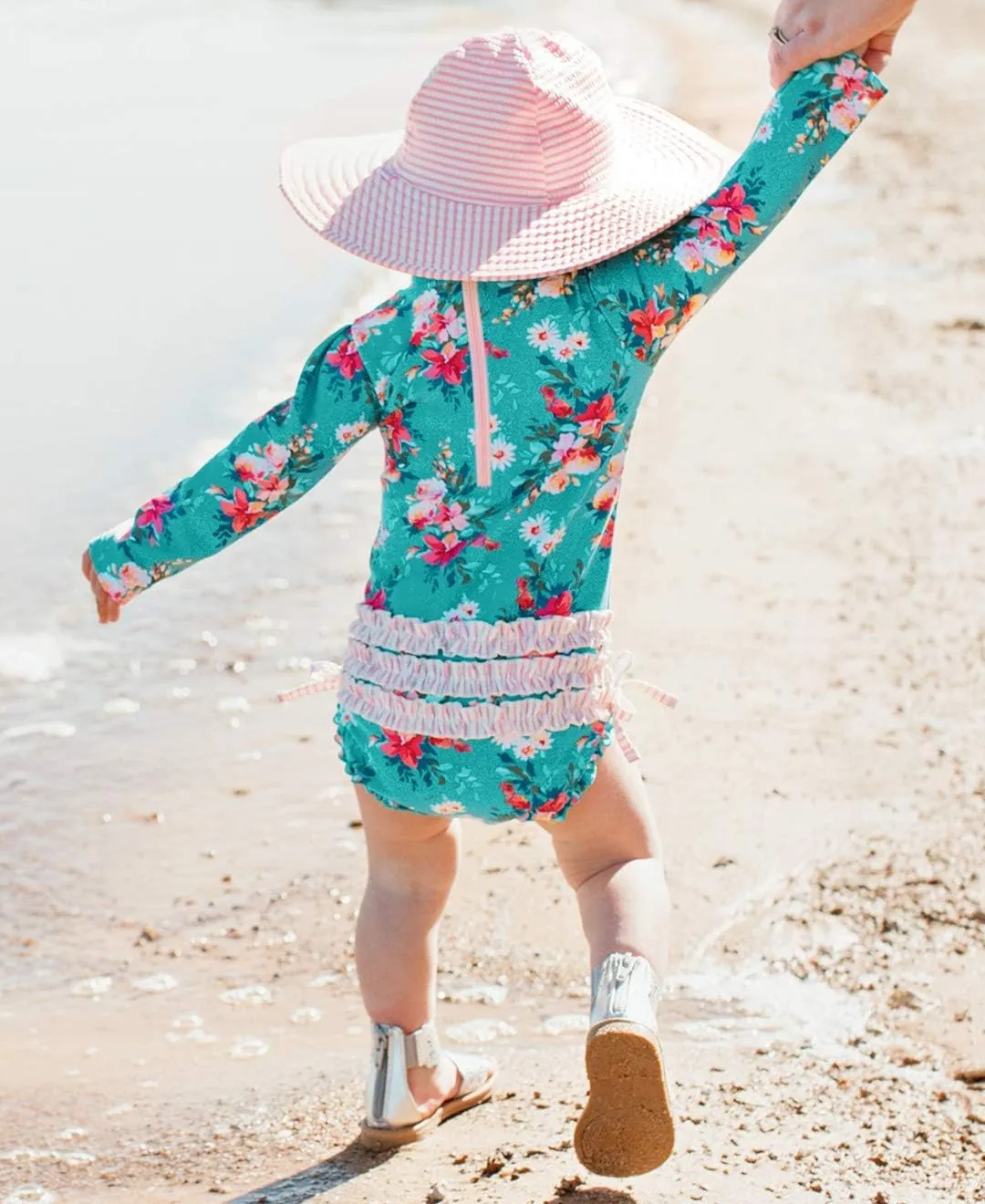 RuffleButts Baby Girls UPF 50  Sun Protection Floral Printed Long Sleeve One Piece Rash Guard Swimsuit with Zipper
