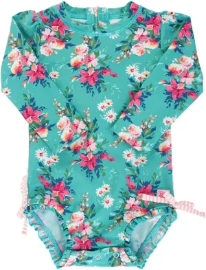 RuffleButts Baby Girls UPF 50  Sun Protection Floral Printed Long Sleeve One Piece Rash Guard Swimsuit with Zipper