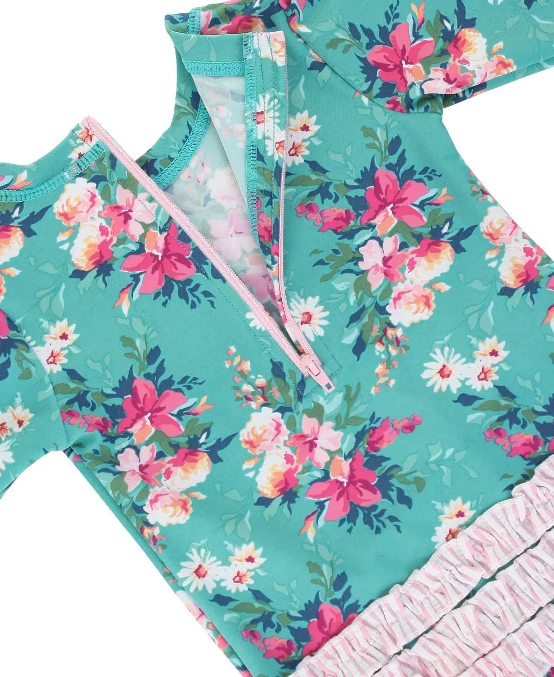 RuffleButts Baby Girls UPF 50  Sun Protection Floral Printed Long Sleeve One Piece Rash Guard Swimsuit with Zipper