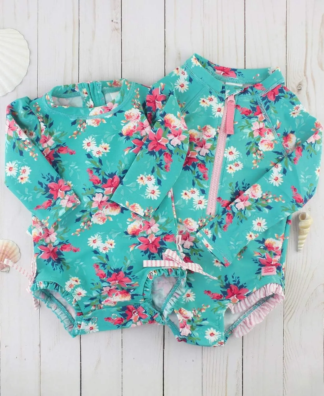 RuffleButts Baby Girls UPF 50  Sun Protection Floral Printed Long Sleeve One Piece Rash Guard Swimsuit with Zipper