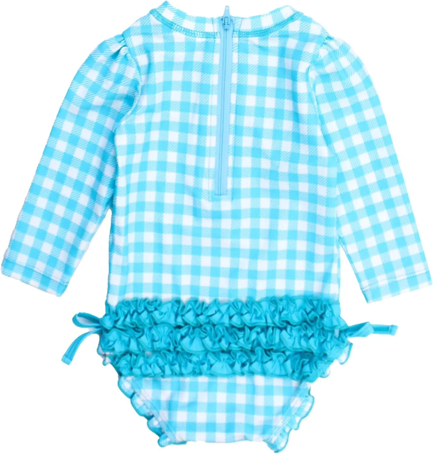 RuffleButts Baby Girls UPF 50  Sun Protection Gingham Printed Long Sleeve One Piece Rash Guard Swimsuit with Zipper