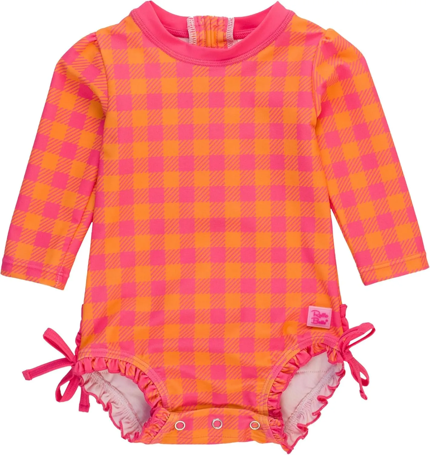 RuffleButts Baby Girls UPF 50  Sun Protection Gingham Printed Long Sleeve One Piece Rash Guard Swimsuit with Zipper